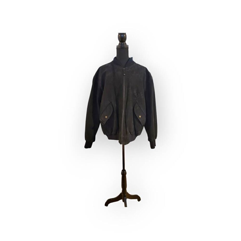 Foxrun Vintage Bomber Suede Jacket front pockets snap buttons in Black Size Larg